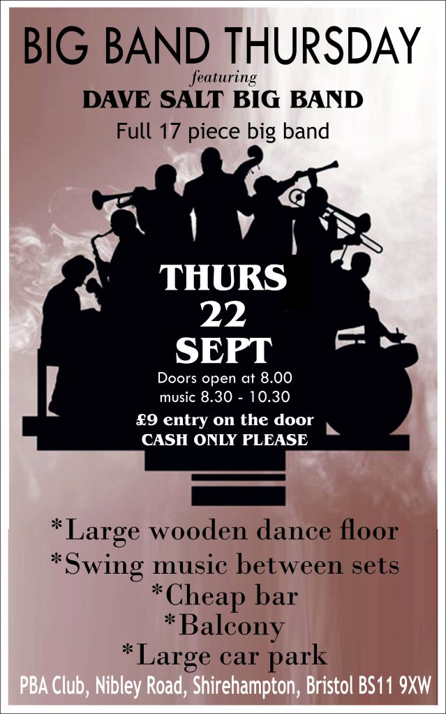 Concert flyer showing a big band silhouette, date, time of concert and address of venue